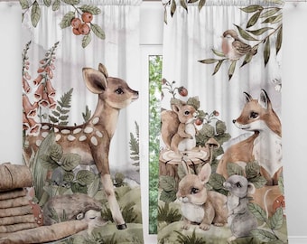 Woodland Animals Blackout Curtains, Forest Baby Nursery Decor, Deer & Friends Kids Room