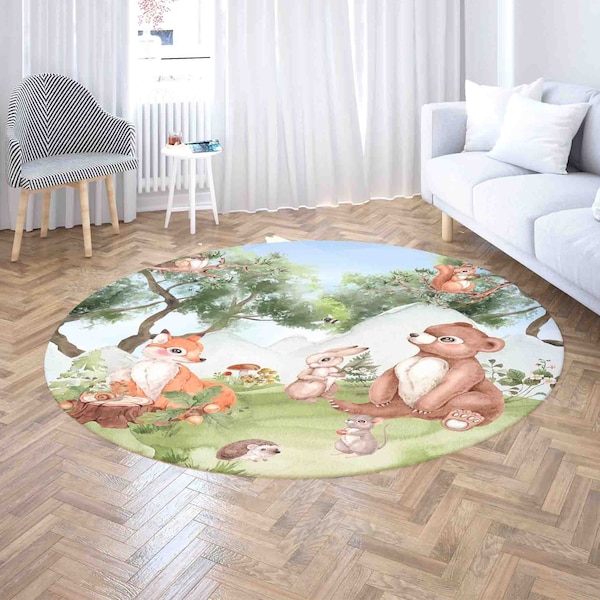 Woodland Bear Rug Forest Animals Nursery Carpet Baby Room Playmat Custom Nursery Mat Kids Playroom Mat Baby Shower Gift Back To School