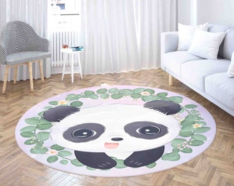 Cute Baby Panda Floral Polyester Carpet Rug, Round Bathroom Floor Mat, Nursery Kids Room Mat, Living Room Circle Floor Mat, Home Decor