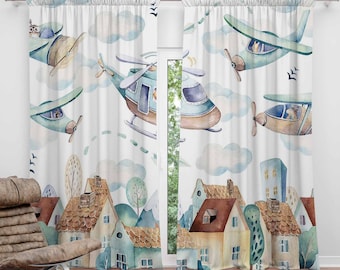 Airplane Nursery Blackout Curtains, Kids Bedroom Decor, Set of 2