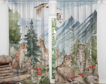 Forest Animals Blackout Curtains, Mountain Nursery Decor, Kids Playroom