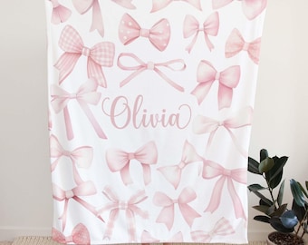 Personalized Pink Bow Nursery Blanket Coquette Custom Baby Name Blanket Kids Custom Name Blanket Baby Girl Gift For Daughter