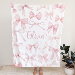 Manta de guardería con lazo rosa personalizada, coqueta, manta personalizada con nombre de bebé, manta con nombre personalizado para niños, regalo para niña