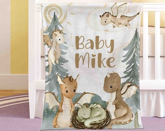 Little Dragon Nursery Blanket Personalized Baby Dragon Blanket Forest Animal Baby Blanket Kids Custom Name Blanket Woodland Baby Shower Gift