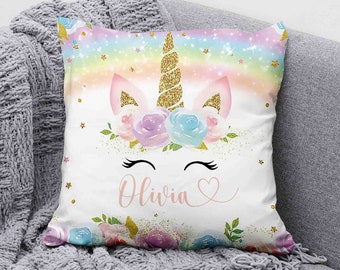 Personalized Rainbow Unicorn Pillow, Baby Girl Nursery Decor, Baby Shower Gift Cushion