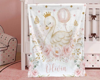 Personalized Princess Swan Blanket, Floral Nursery Decor, Toddler Baby Swaddle