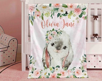 Personalized Floral Bunny Nursery Blanket, Baby Girl Blanket
