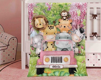 Safari Animals Nursery Blanket Personalized Baby Blanket Forest Animal Blanket Kids Custom Name Blanket Jungle Baby Shower Gift For Girls