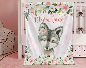 Personalized Baby Wolf Blanket, Floral Nursery Decor, Custom Name