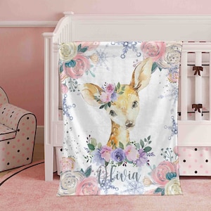 Personalized Woodland Deer Blanket, Winter Floral Animal Nursery Blanket, Christmas Baby Kids Custom Name Blanket, Forest Baby Shower Gift