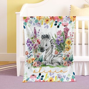 Little Zebra Baby Blanket, Colorful Floral Nursery Blanket, Personalized Jungle Animal Blanket, Kids Custom Name Blanket Baby Shower Gift