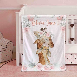 Mom And Baby Giraffe Nursery Blanket, Personalized Floral Giraffe Blanket, Flowers Girl Room Decor Kids Custom Name Blanket Baby Shower Gift