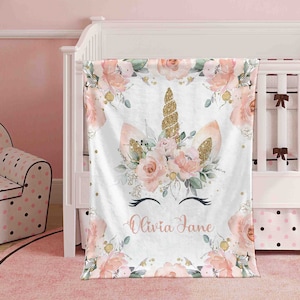 Floral Unicorn Baby Blanket Personalized Christmas Nursery Blanket Kids Custom Name Blanket Pink Flowers Baby Shower Gift For Girls