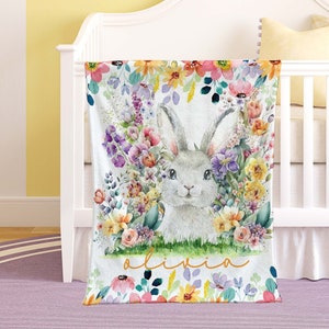 Little Bunny Baby Blanket, Colorful Floral Nursery Blanket, Personalized Farm Animal Blanket, Kids Custom Name Blanket, Baby Shower Gift