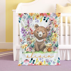 Floral Nursery Blanket, Personalized Woodland Animal Blanket, Little Bear Baby Blanket, Kids Custom Name Blanket, Colorful Baby Shower Gift