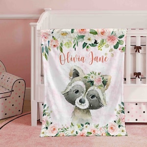 Coperta per la cameretta dei bambini con motivo floreale rosa a forma di procione, coperta personalizzata per neonati con motivo a procione, coperta con fiori di rosa per bambine, coperta con nome personalizzato per bambini, regalo per baby shower