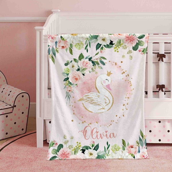 Baby Swan Blanket Personalized Christmas Nursery Blanket Little Swan Kids Custom Name Blanket Spring Floral Baby Shower Gift For Girls