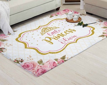 Little Princess Nursery Rug, Royal Crown Carpet, Custom Name Nursery Mat, Rose Flowers Room Decor, Kids Playroom Mat, Roses Baby Shower Gift