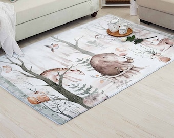 Woodland Animal Nursery Rug, Forest Scene Baby Room Decor