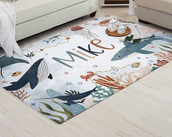 Ocean Shark Nursery Rug, Sea Shark Baby Boy Room Decor, Underwater World Carpet, Custom Nursery Mat, Kids Playroom Mat, Baby Shower Gift