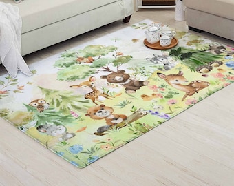 Woodland Animals Nursery Rug, Spring Forest Baby Play Mat