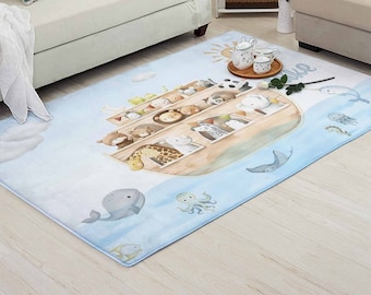 Noah Ark Animal Nursery Rug, Christian Noah&#39;s Ark Nursery Mat, Safari Animals Carpet, Baby Room Decor, Baby Baptism Gift, Kids Birthday Gift