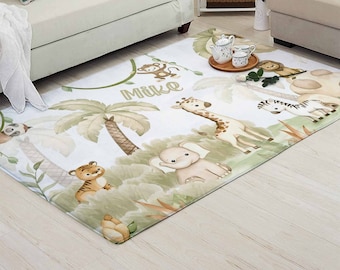 Safari Animals Nursery Rug Forest Animal Carpet Custom Name Nursery Mat Tropical Jungle Room Decor Kids Playroom Mat Baby Shower Gift