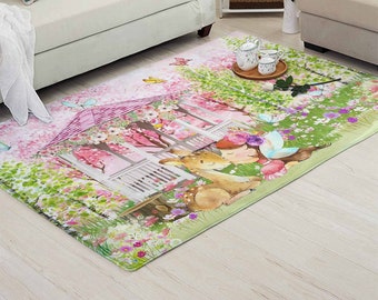 Fairy Garden Nursery Rug, Deer and Girl Floral Carpet