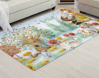 Woodland Nursery Rug, Forest Animals Carpet, Custom Name Baby Mat