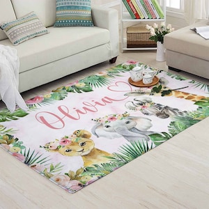 Floral Tiere Kinderzimmer Teppich, Tropischer Dschungel Teppich, Safari Tiere Matte, Babyzimmer Dekor, Kinder Spielzimmer Matte, Benutzerdefinierter Name Babypartygeschenk