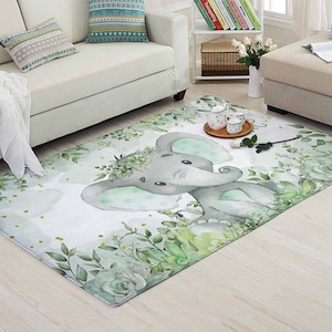 Kleiner Elefant-Kinderzimmer-Teppich, Grünpflanzen-Tierteppich, kundenspezifische Kinderzimmer-Matte, Baby-Raum-Dekor, Kinderspielzimmer-Matte, Blumen-Baby-Dusche-Geschenk
