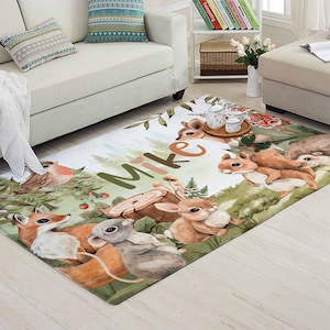Waldtiere Kinderzimmer Teppich Waldtier Teppich Benutzerdefinierte Name Kinderzimmer Matte Baby Zimmer Dekor Kinder Spielzimmer Matte Babyparty Geschenk Zurück in der Schule