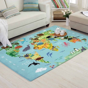 Weltkarte Teppich Name Teppich Safari Tier Kinderzimmer Dekor Kinder Spielzimmer Matte Baby Jungen Zimmer Bodenmatte Geburtstagsgeschenk für Kinder
