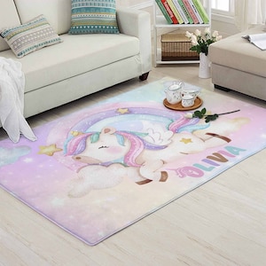 Regenbogen Einhorn Kinderzimmer Teppich Kleiner Einhorn Teppich Benutzerdefinierte Name Kinderzimmer Matte Baby Zimmer Dekor Kinder Spielzimmer Matte Babyparty Geschenk Zurück in der Schule