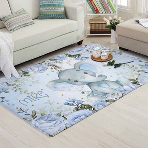 Kleiner Elefant-Kinderzimmer-Teppich, Blaue Rosen-Tierteppich, kundenspezifische Kinderzimmer-Matte, Baby-Rosen-Dekor, Kinder-Spielzimmer-Matte, Blumen-Baby-Dusche-Geschenk