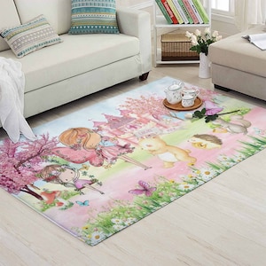 Feengarten Kindergarten Teppich, Tierparade Teppich, Frühlingsblumendecke, Prinzessin Mädchenzimmer Dekor, Kinder Spielzimmer Matte, Schloss-Babypartygeschenk