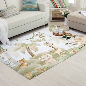 Safari Tiere Kinderzimmer Teppich Waldtier Teppich Benutzerdefinierte Name Kinderzimmer Matte Tropischer Dschungel Raumdekor Kinder Spielzimmer Matte Babypartygeschenk