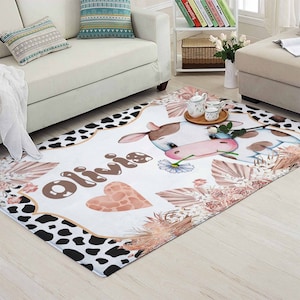 Baby Kuh Kinderzimmer Teppich, Boho Babyzimmer Dekor, Bauernhof Tier Teppich, Benutzerdefinierte Name Kinderzimmer Matte, Kinder Spielzimmer Matte, Babypartygeschenk