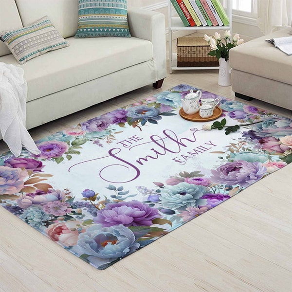 Custom Peony Flowers Rug, Personalized Family Name Carpet, Floral Housewarming Gift Family Mat, Couple Wedding Gift Cottagecore Home Decor