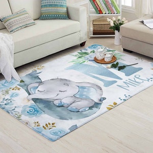 Blumenbuchstabe Kinderzimmer Teppich, Mama und Baby Elefant Teppich, Safari Tier Matte, Babyzimmer Dekor, Kinder Spielzimmer Matte, Benutzerdefinierte Babypartygeschenk