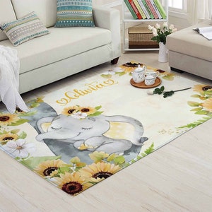 Sonnenblumen Elefant Teppich, Mama und Baby Elefant Kinderzimmer Teppich, Baby Foto Matte Raumdekor, Kinder Spielzimmer Matte, Individuelles Babypartygeschenk