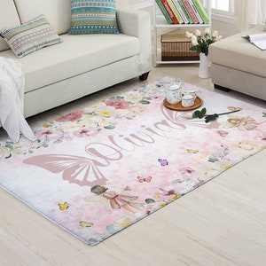 Benutzerdefinierte Name Kinderzimmer Teppich, Schmetterling Fee Teppich, Frühling Floral Matte Kleinkind Mädchen Zimmer Dekor, Kinder Spielzimmer Matte, Blumen-Baby-Dusche-Geschenk