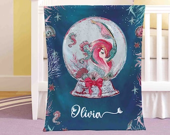 Little Mermaid Nursery Blanket Personalized Snow Globe Blanket Baby Mermaid Kids Custom Name Blanket Ocean Baby Shower Gift Christmas Throw