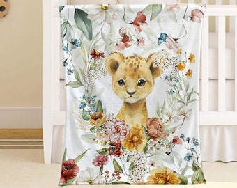Spring Floral Animal Nursery Blanket, Personalized Baby Lion Blanket, Safari Animal Baby Blanket Kids Custom Name Blanket Baby Shower Gift