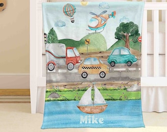 Personalized Transport Nursery Blanket Custom Baby Name Blanket Kids Custom Name Blanket Car Airplane Ship Baby Shower Gift For Boys