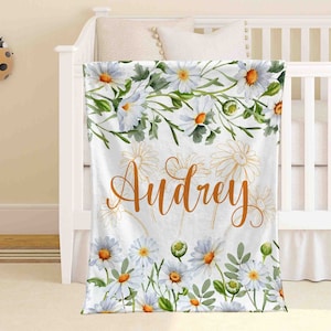 Daisy Blanket, Personalized Baby Blanket, Custom Name Nursery Blanket, Baby Shower Gift, Kids Custom Blanket For Her, Floral Office Blanket