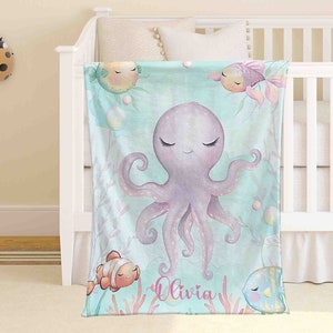 Little Octopus Blanket Personalized Ocean Animal Nursery Blanket Sea Animal Kids Custom Name Blanket Ocean Baby Shower Gift Christmas Throw
