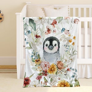 Spring Floral Penguin Nursery Blanket, Personalized Baby Animal Blanket, Jungle Baby Blanket Kids Custom Name Blanket Baby Shower Gift