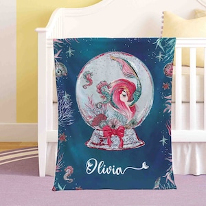 Little Mermaid Nursery Blanket Personalized Snow Globe Blanket Baby Mermaid Kids Custom Name Blanket Ocean Baby Shower Gift Christmas Throw