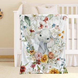 Spring Floral Animal Nursery Blanket, Personalized Baby Elephant Blanket, Jungle Baby Blanket Kids Custom Name Blanket Baby Shower Gift